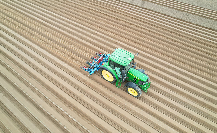 Grüner Traktor im Einsatz auf einem präzise gepflügten Feld, der den hocheffizienten Reihenanbau mit automatischer Lenkung veranschaulicht.