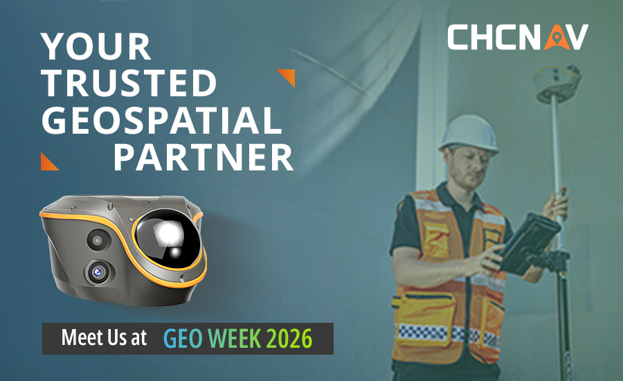 CHCNAV banner showing the i100 GNSS receiver and a surveyor inviting visitors to meet us at GEO WEEK 2026.