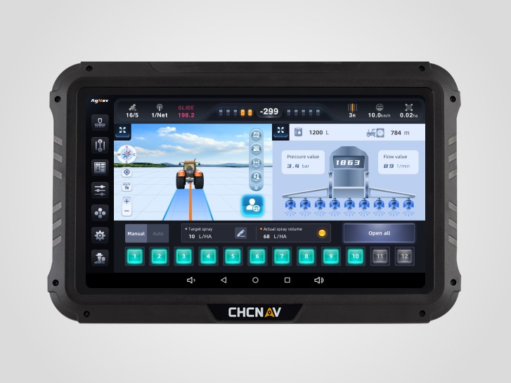 CHCNAV SprayX100 intelligent spraying system on a tractor sprayer in a field