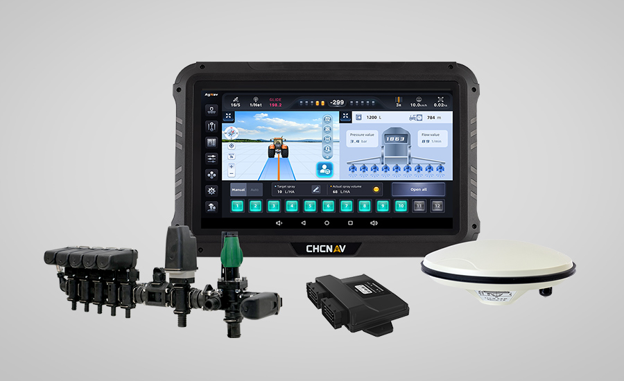 CHCNAV SprayX100 zautomatyzowany system sterowania opryskiwaniem z tabletem, zestawem zaworów i anteną GNSS.